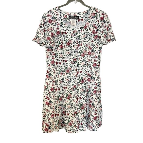 Vintage 90s Grunge All That Jazz White Floral Button-Front Dress Lace Up Back - Picture 1 of 7